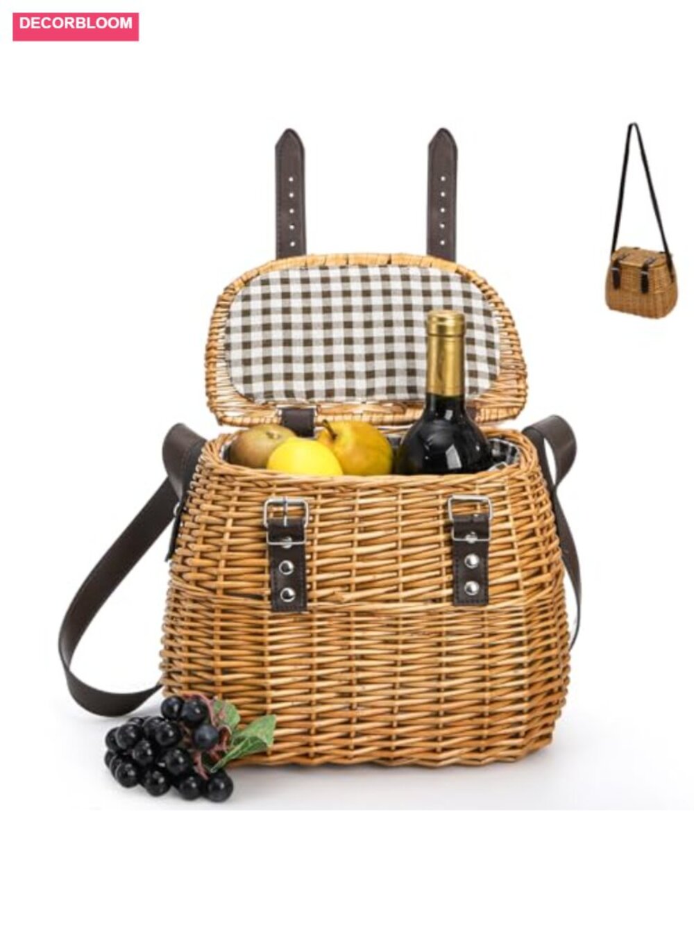 Handwoven Wicker Picnic Basket with Lid and Shoulder Strap